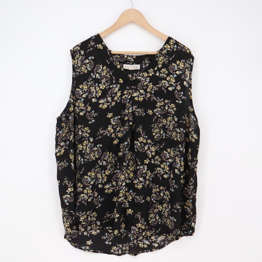 Emaline Tank Top Women 2X Sleeveless Floral Black Pleated V-Neck Excellent